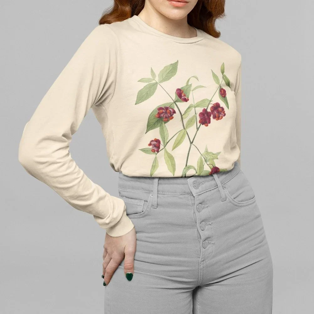 Strawberry Bush Vintage Botanical Print Long Sleeve Graphic Tee T-shirt S M L XL